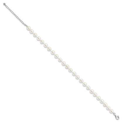 Sterling Silver Majestik Rhodium-Plated 7-8mm Imitation Shell Pearl And Cz 8.5 Inch Anklet With 2 Extender