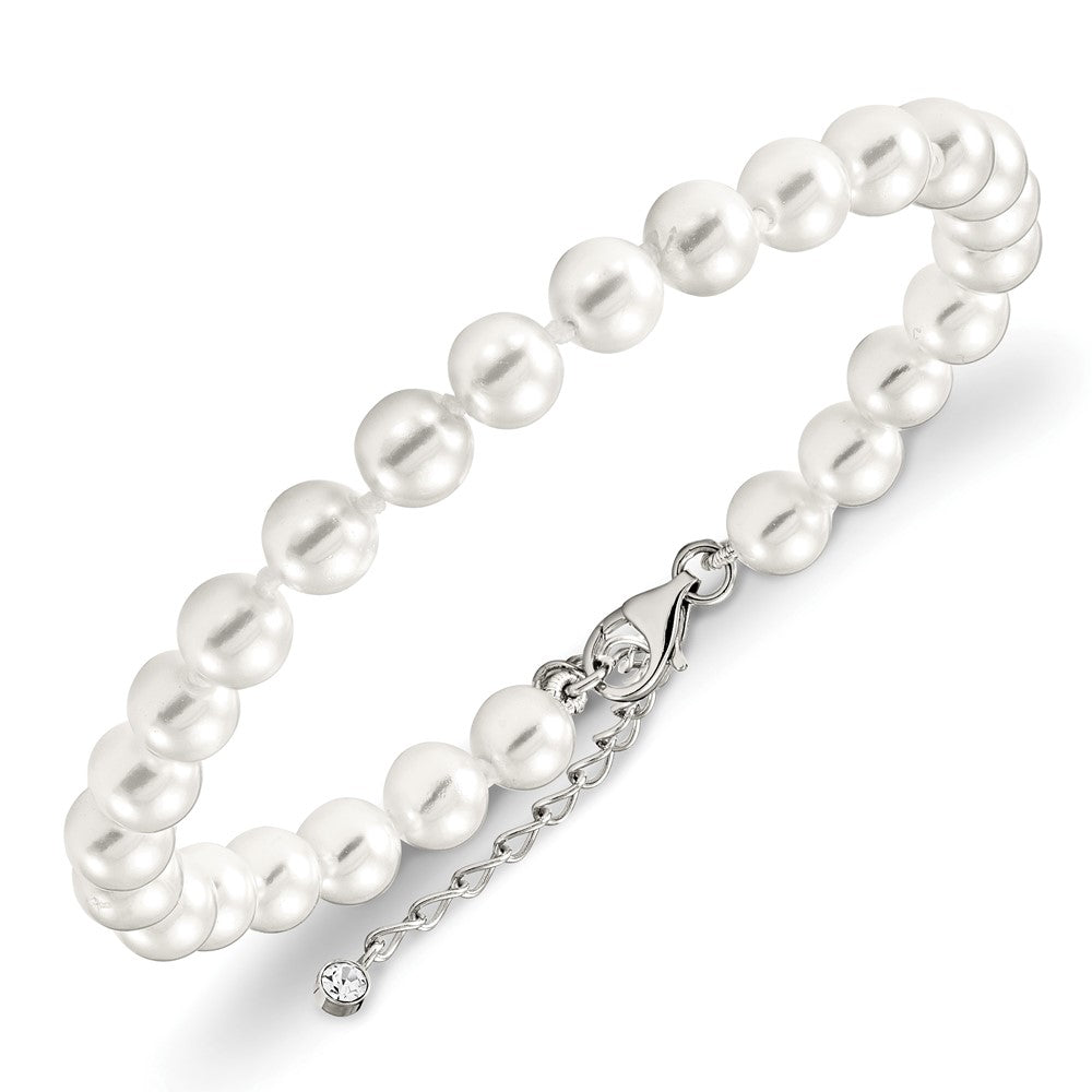 Sterling Silver Majestik Rhodium-Plated 7-8mm Imitation Shell Pearl And Cz 8.5 Inch Anklet With 2 Extender