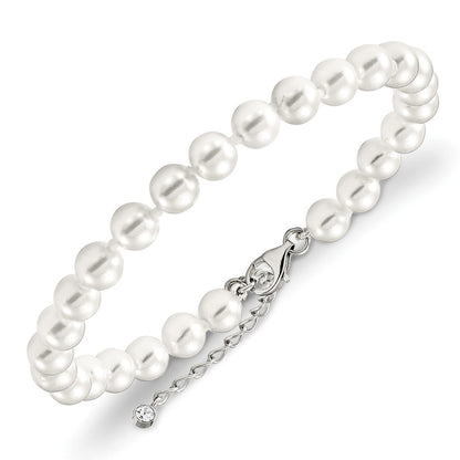 Sterling Silver Majestik Rhodium-Plated 7-8mm Imitation Shell Pearl And Cz 8.5 Inch Anklet With 2 Extender