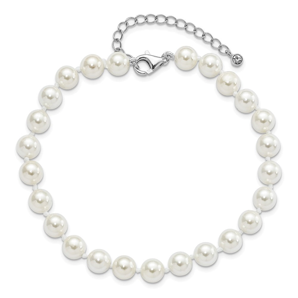 Sterling Silver Majestik Rhodium-Plated 7-8mm Imitation Shell Pearl And Cz 8.5 Inch Anklet With 2 Extender