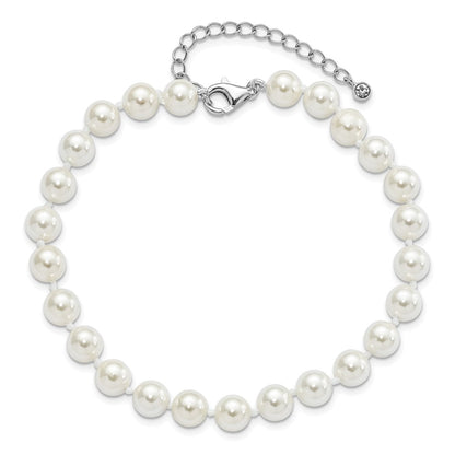 Sterling Silver Majestik Rhodium-Plated 7-8mm Imitation Shell Pearl And Cz 8.5 Inch Anklet With 2 Extender