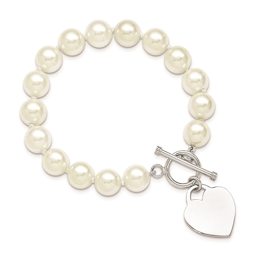 8 Inch Majestik Sterling Silver Rhodium-Plated 10-11mm White Imitation Shell Pearl Engravable Heart Hand-Knotted Bracelet