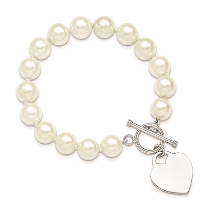 8 Inch Majestik Sterling Silver Rhodium-Plated 10-11mm White Imitation Shell Pearl Engravable Heart Hand-Knotted Bracelet