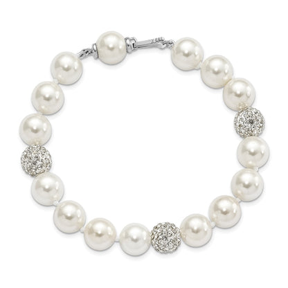 8 Inch Majestik Sterling Silver Rhodium-Plated 10-11mm White Imitation Shell Crystal Hand-Knotted Bracelet
