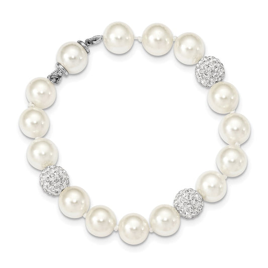 8 Inch Majestik Sterling Silver Rhodium-Plated 10-11mm White Imitation Shell Crystal Hand-Knotted Bracelet