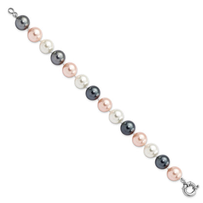 7.5 Inch Majestik Sterling Silver Rhodium-Plated 12-13mm Multi-Color Imitation Shell Pearl Hand-Knotted Bracelet