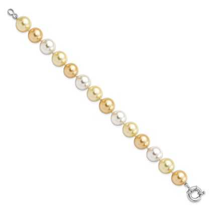 7.5 Inch Majestik Sterling Silver Rhodium-Plated 12-13mm Yellow And White Imitation Shell Pearl Hand-Knotted Bracelet