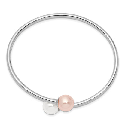 Sterling Silver Majestik Rhodium-Plated 10-11mm White Pink Imitation Shell Pearl Bangle