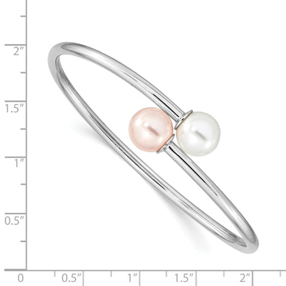 Sterling Silver Majestik Rhodium-Plated 10-11mm White Pink Imitation Shell Pearl Bangle