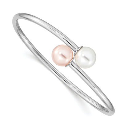 Sterling Silver Majestik Rhodium-Plated 10-11mm White Pink Imitation Shell Pearl Bangle