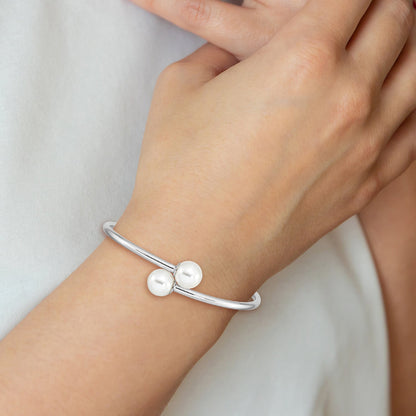 7 Inch Majestik Sterling Silver Rhodium-Plated 10-11mm White Imitation Shell Pearl Bangle Bracelet