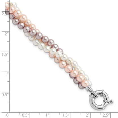 7.5 Inch Majestik Sterling Silver Rhodium-Plated 3Row 4-5mm White Pink Purple Imitation Shell Pearl Hand-Knotted Bracelet