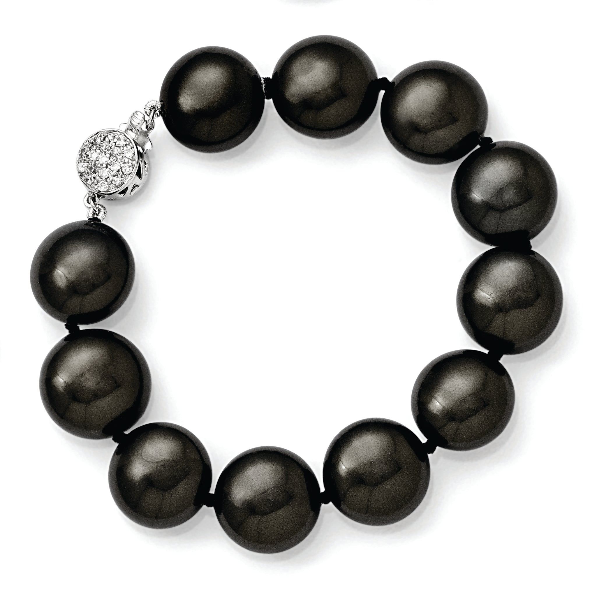 Sterling Silver S Majestik Rh-Pl 14-15mm Coin Blk Imitat Shell Pearl Cz Clasp Brac