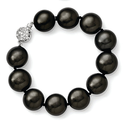 Sterling Silver S Majestik Rh-Pl 14-15mm Coin Blk Imitat Shell Pearl Cz Clasp Brac
