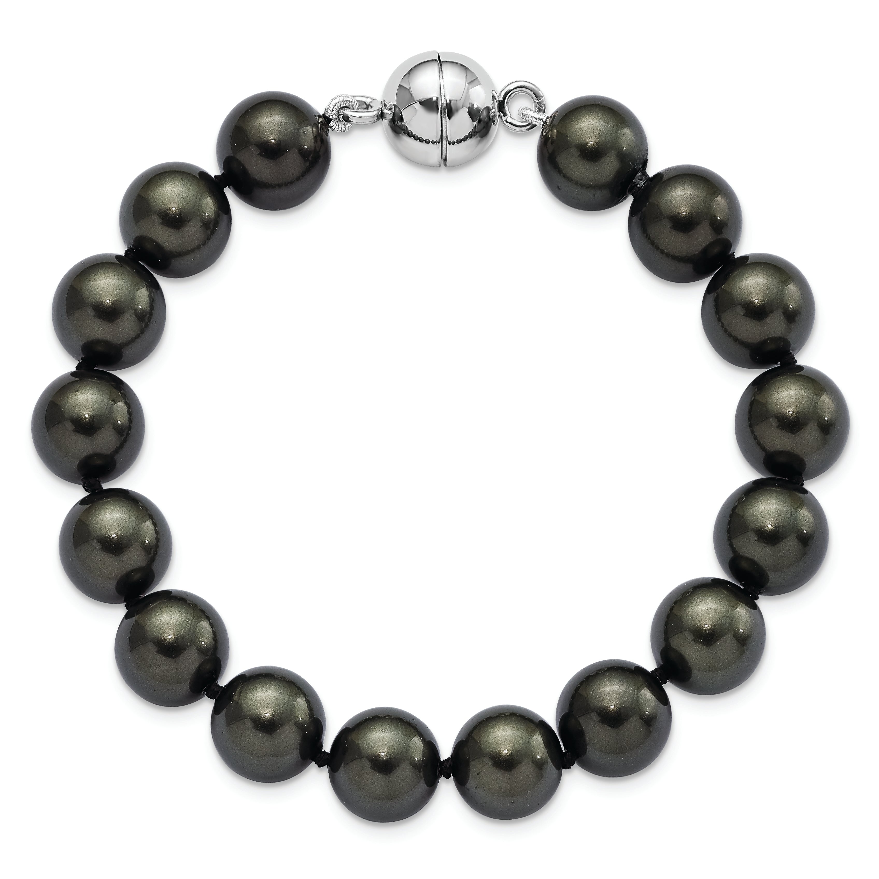 7.5 Inch Majestic Sterling Silver Rhodium-Plated 10-11mm Black Imitation Shell Pearl Hand-Knotted Bracelet