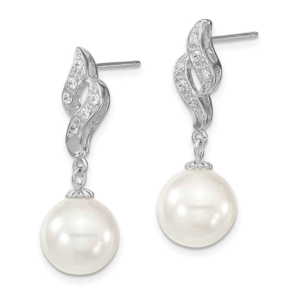 Sterling Silver Majestik Rhodium-Plated 10-11mm White Imitation Shell Pearl And Cz Dangle Earrings