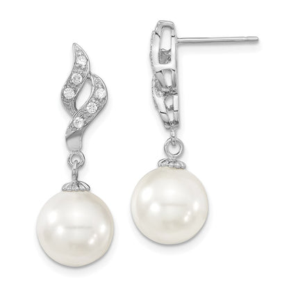 Sterling Silver Majestik Rhodium-Plated 10-11mm White Imitation Shell Pearl And Cz Dangle Earrings