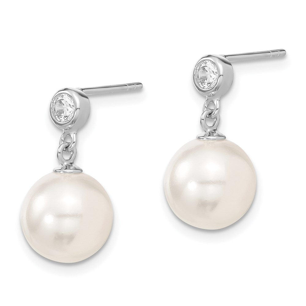 Sterling Silver Majestik Rhodium-Plated 10-11mm White Imitation Shell Pearl And Cz Dangle Earrings