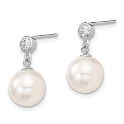 Sterling Silver Majestik Rhodium-Plated 10-11mm White Imitation Shell Pearl And Cz Dangle Earrings