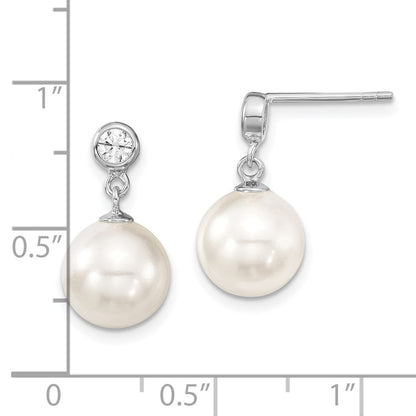 Sterling Silver Majestik Rhodium-Plated 10-11mm White Imitation Shell Pearl And Cz Dangle Earrings