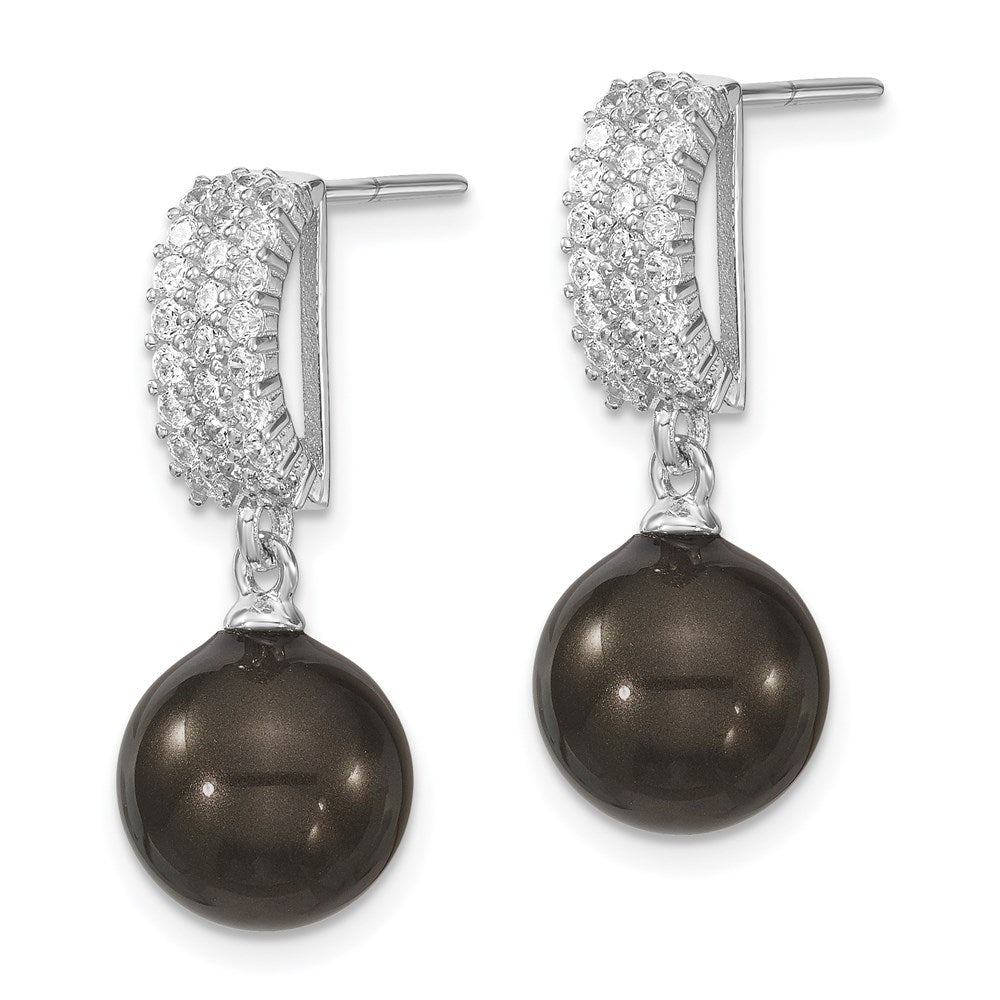 Sterling Silver Majestik Rhodium-Plated 10-11mm Black Imitation Shell Pearl And Cz Post Dangle Earrings