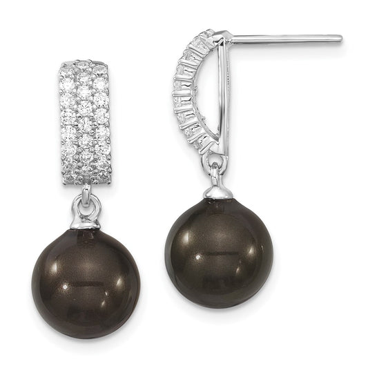 Sterling Silver Majestik Rhodium-Plated 10-11mm Black Imitation Shell Pearl And Cz Post Dangle Earrings