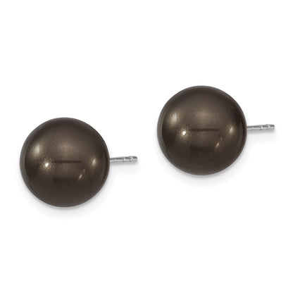 Sterling Silver Majestik Rhodium-Plated 10-11mm Black Imitation Shell Pearl Stud Earrings