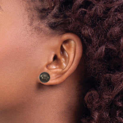 Sterling Silver Majestik Rhodium-Plated 10-11mm Black Imitation Shell Pearl Stud Earrings