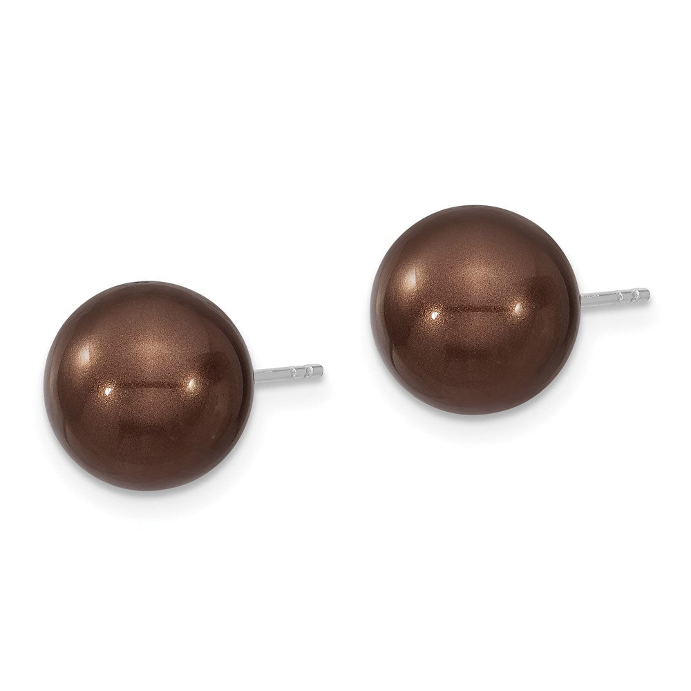 Sterling Silver Majestik Rhodium-Plated 10-11mm Brown Imitation Shell Pearl Stud Earrings