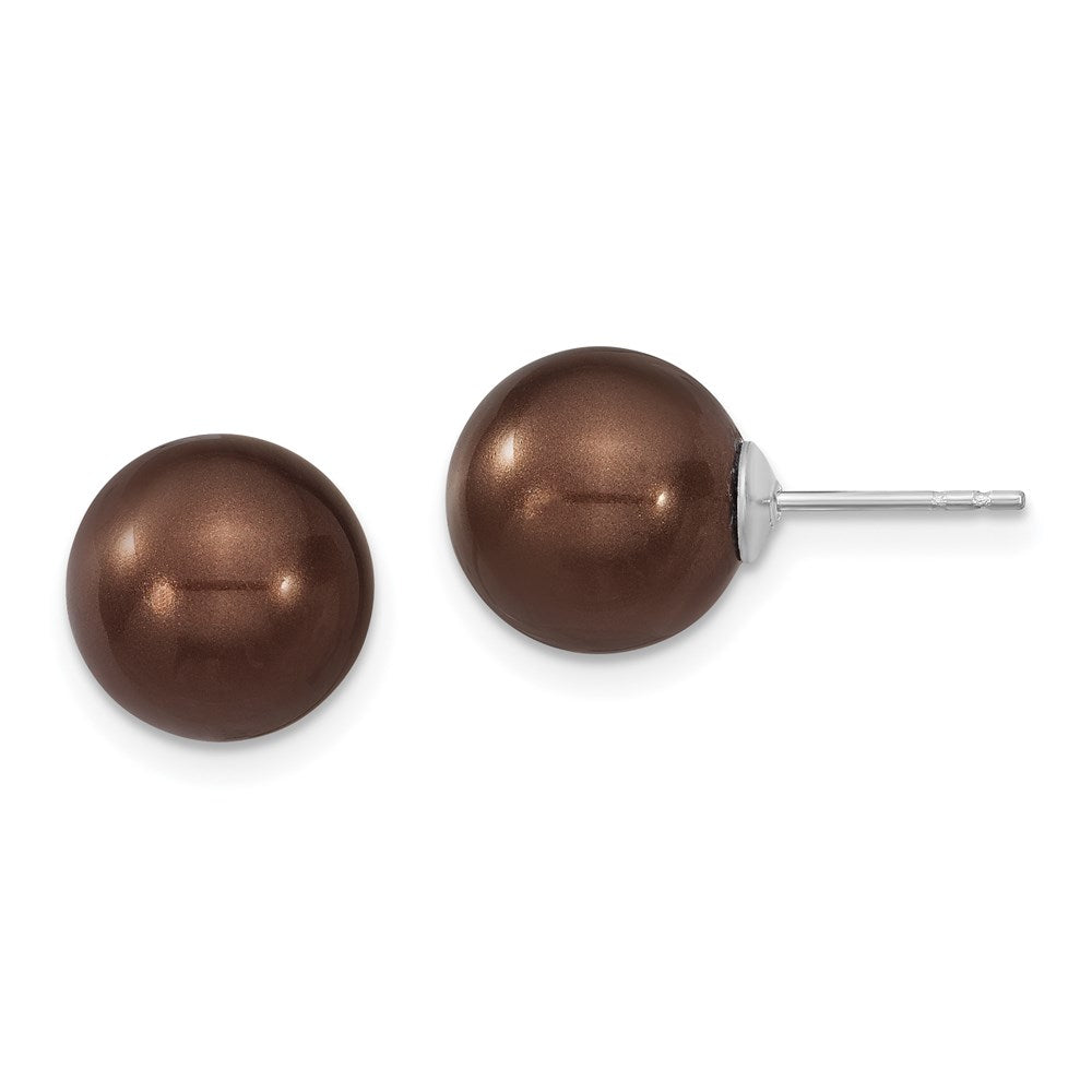 Sterling Silver Majestik Rhodium-Plated 10-11mm Brown Imitation Shell Pearl Stud Earrings