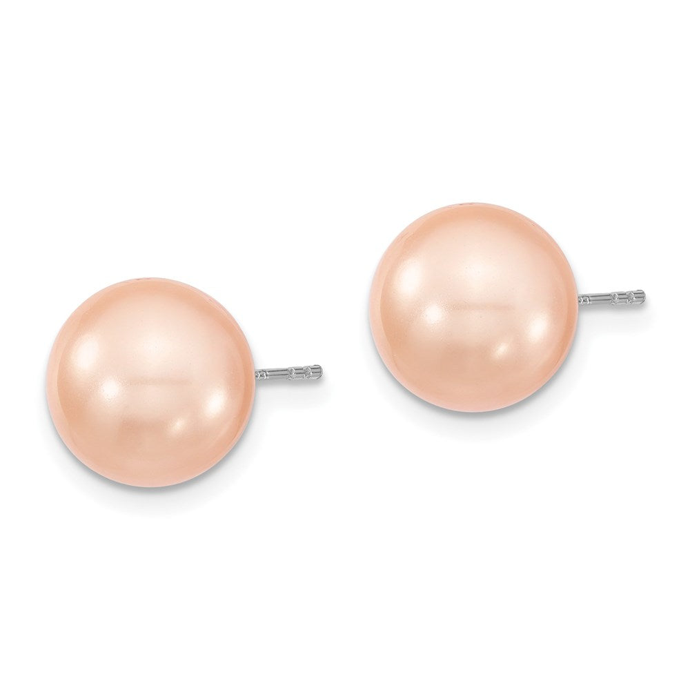 Sterling Silver Majestik Rhodium-Plated 10-11mm Pink Imitation Shell Pearl Stud Earrings