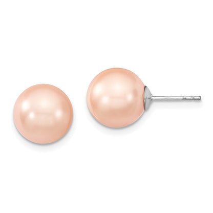Sterling Silver Majestik Rhodium-Plated 10-11mm Pink Imitation Shell Pearl Stud Earrings