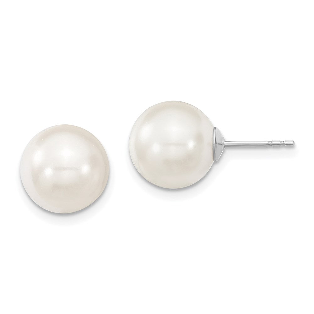 Sterling Silver Majestic Rhodium-Plated 10-11mm White Imitation Shell Pearl Stud Earrings