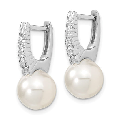 Sterling Silver Majestik Rhodium-Plated 10-11mm White Imitation Shell Pearl Cz Hinged Post Dangle Earrings