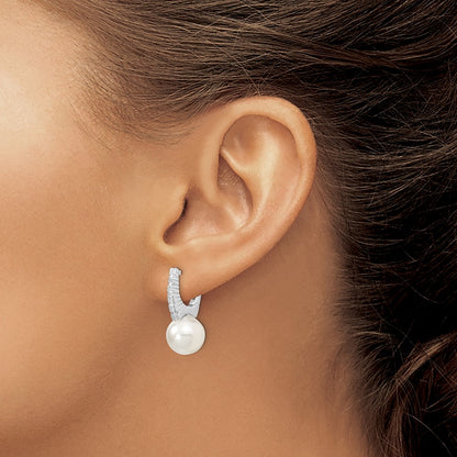 Sterling Silver Majestik Rhodium-Plated 10-11mm White Imitation Shell Pearl Cz Hinged Post Dangle Earrings