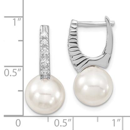 Sterling Silver Majestik Rhodium-Plated 10-11mm White Imitation Shell Pearl Cz Hinged Post Dangle Earrings