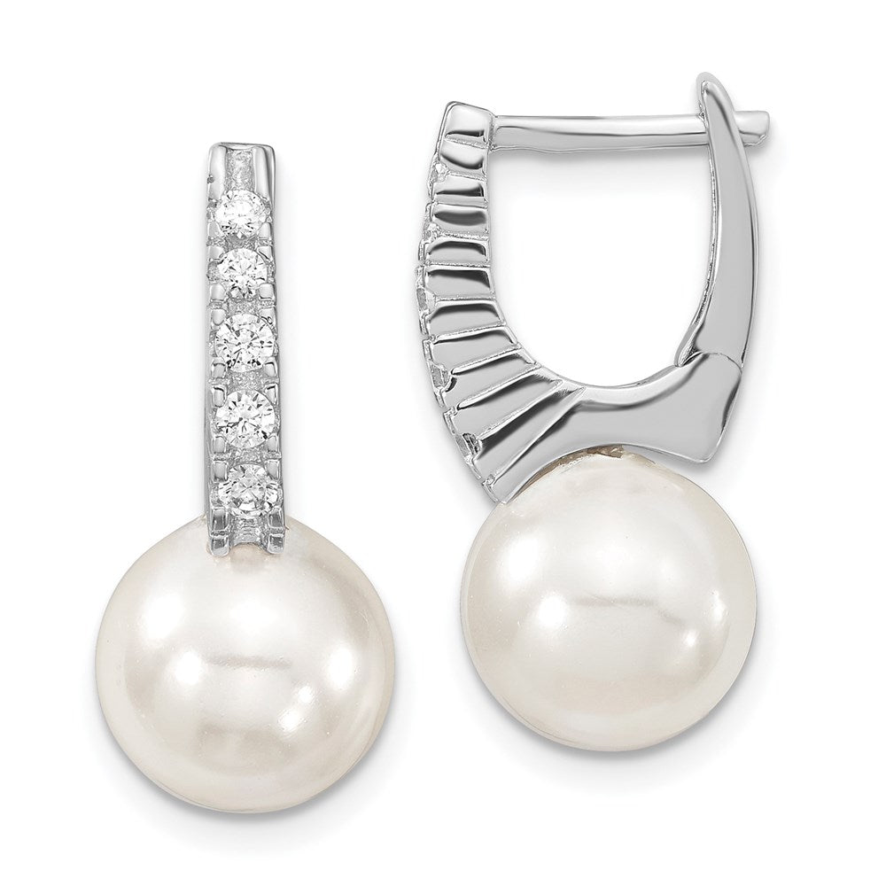 Sterling Silver Majestik Rhodium-Plated 10-11mm White Imitation Shell Pearl Cz Hinged Post Dangle Earrings