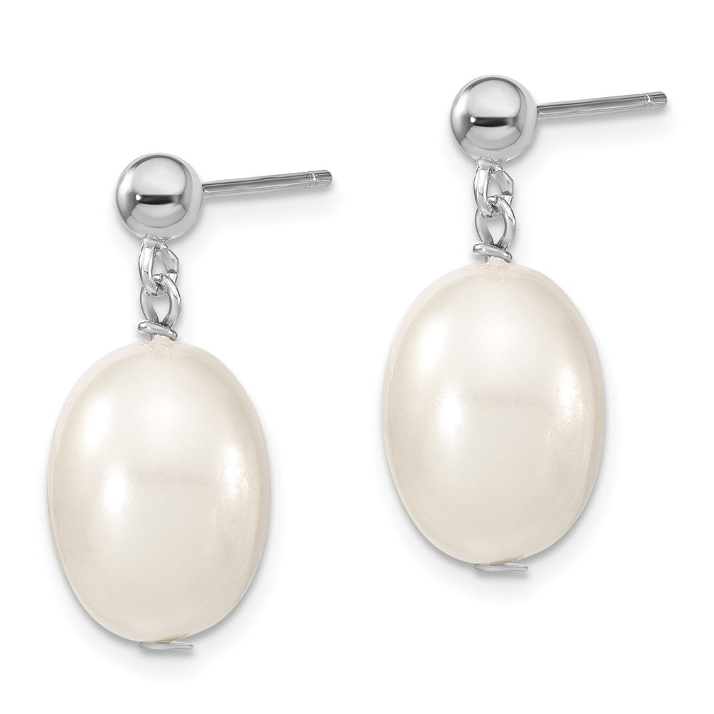 Sterling Silver Majestik Rhodium-Plated 10-11mm White Rice Imitation Shell Pearl Post Dangle Earrings