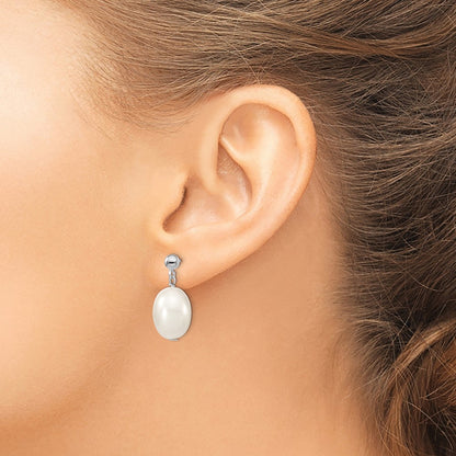 Sterling Silver Majestik Rhodium-Plated 10-11mm White Rice Imitation Shell Pearl Post Dangle Earrings