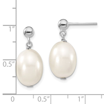 Sterling Silver Majestik Rhodium-Plated 10-11mm White Rice Imitation Shell Pearl Post Dangle Earrings