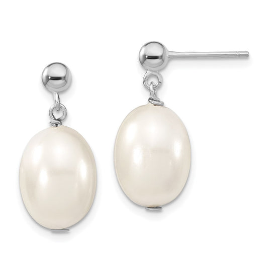 Sterling Silver Majestik Rhodium-Plated 10-11mm White Rice Imitation Shell Pearl Post Dangle Earrings
