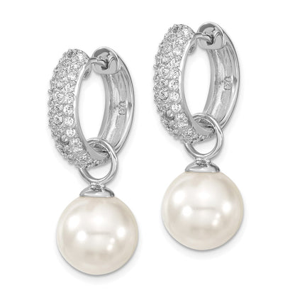 Sterling Silver Majestik Rhodium-Plated Cz 12-13mm Black And White Interchangeable Shell Pearl Hinged Hoop Earrings