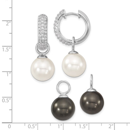 Sterling Silver Majestik Rhodium-Plated Cz 12-13mm Black And White Interchangeable Shell Pearl Hinged Hoop Earrings