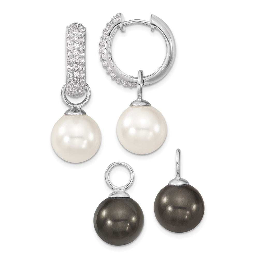 Sterling Silver Majestik Rhodium-Plated Cz 12-13mm Black And White Interchangeable Shell Pearl Hinged Hoop Earrings