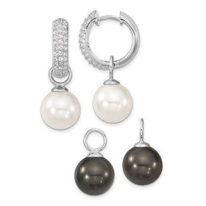 Sterling Silver Majestik Rhodium-Plated Cz 12-13mm Black And White Interchangeable Shell Pearl Hinged Hoop Earrings
