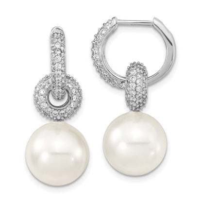 Sterling Silver Majestik Rhodium-Plated 12-13mm White Imitation Shell Pearl Dangle Endless Cz Hoop Earrings