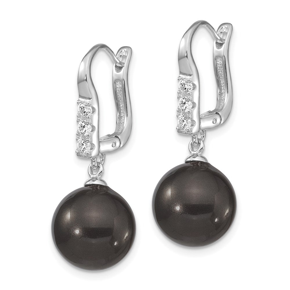 Sterling Silver Majestik Rhodium-Plated 10-11mm Black Imitation Shell Pearl Cz Hinged Post Dangle Earrings