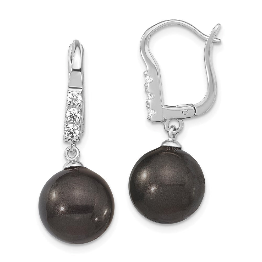Sterling Silver Majestik Rhodium-Plated 10-11mm Black Imitation Shell Pearl Cz Hinged Post Dangle Earrings