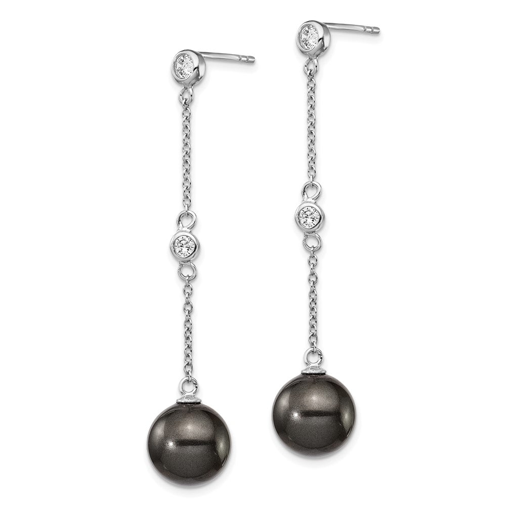 Sterling Silver Majestik Rhodium-Plated Cz Bezel And 10-11mm Black Imitation Shell Pearl Post Dangle Earrings