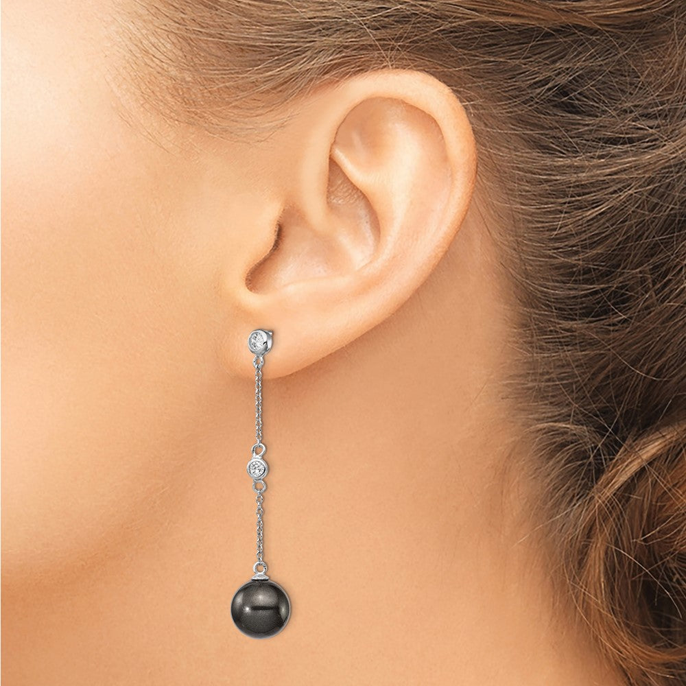 Sterling Silver Majestik Rhodium-Plated Cz Bezel And 10-11mm Black Imitation Shell Pearl Post Dangle Earrings